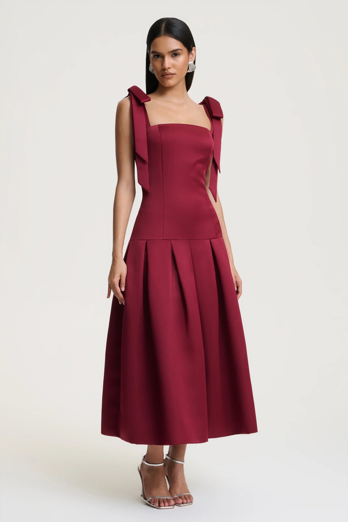 Alberta | Burgundy Satin Square-Neck Midi Dress With Bow Straps