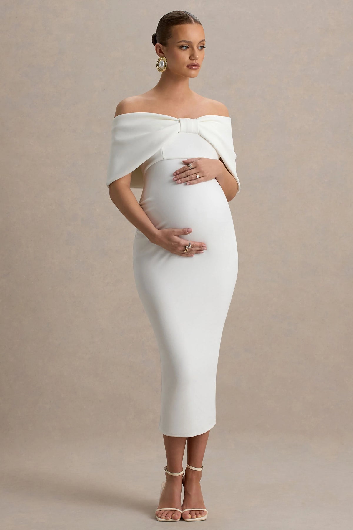 Droplet | White Bow Bardot Maternity Midi Dress