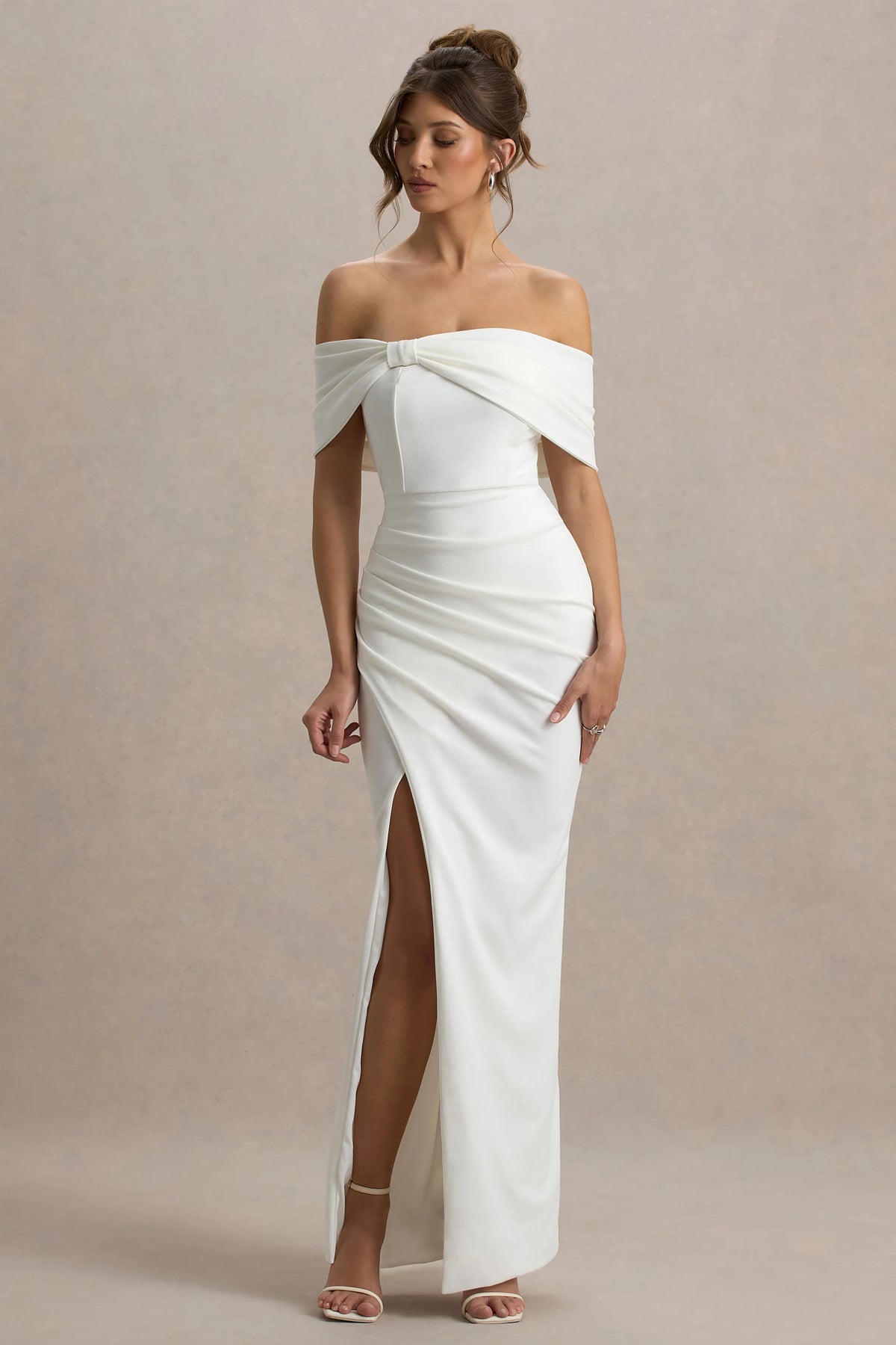 Eva | White Bardot Bow Detail Maxi Dress With Thigh Split