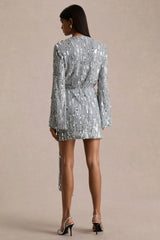 Carmina | Silver Sequin Plunge-Neck Wrap Mini Dress With Sash Detail