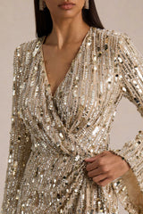 Carmina | Gold Sequin Plunge-Neck Wrap Mini Dress With Sash Detail