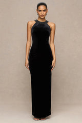 Darya | Black Velvet Embellished High-Neck Maxi Dress