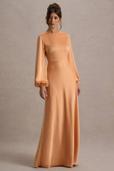 Crawley | Peach Satin Puff-Sleeve Maxi Dress