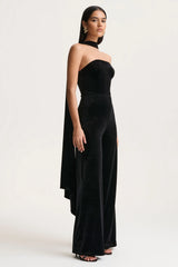 Arcane | Black Velvet Bandeau Jumpsuit With Scarf