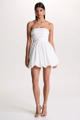 Faye | White Puff Ball Bandeau Micro Mini Dress With Ruching Details