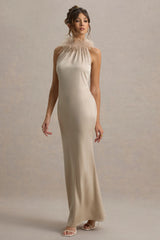 Bianca | Champagne Satin Feather-Trim Maxi Dress