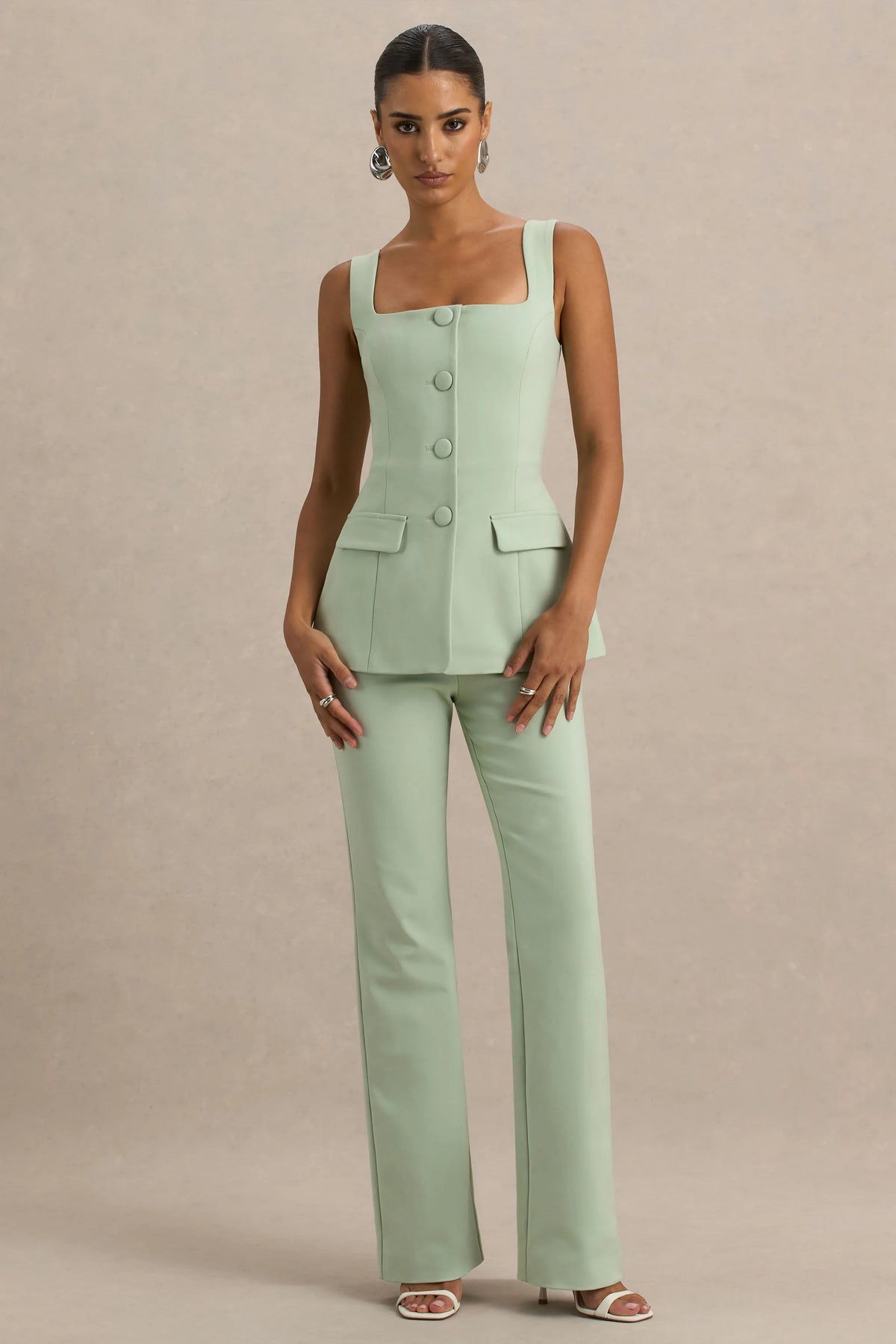 Aceline | Light Green Square-Neck Tailored Jumpsuit