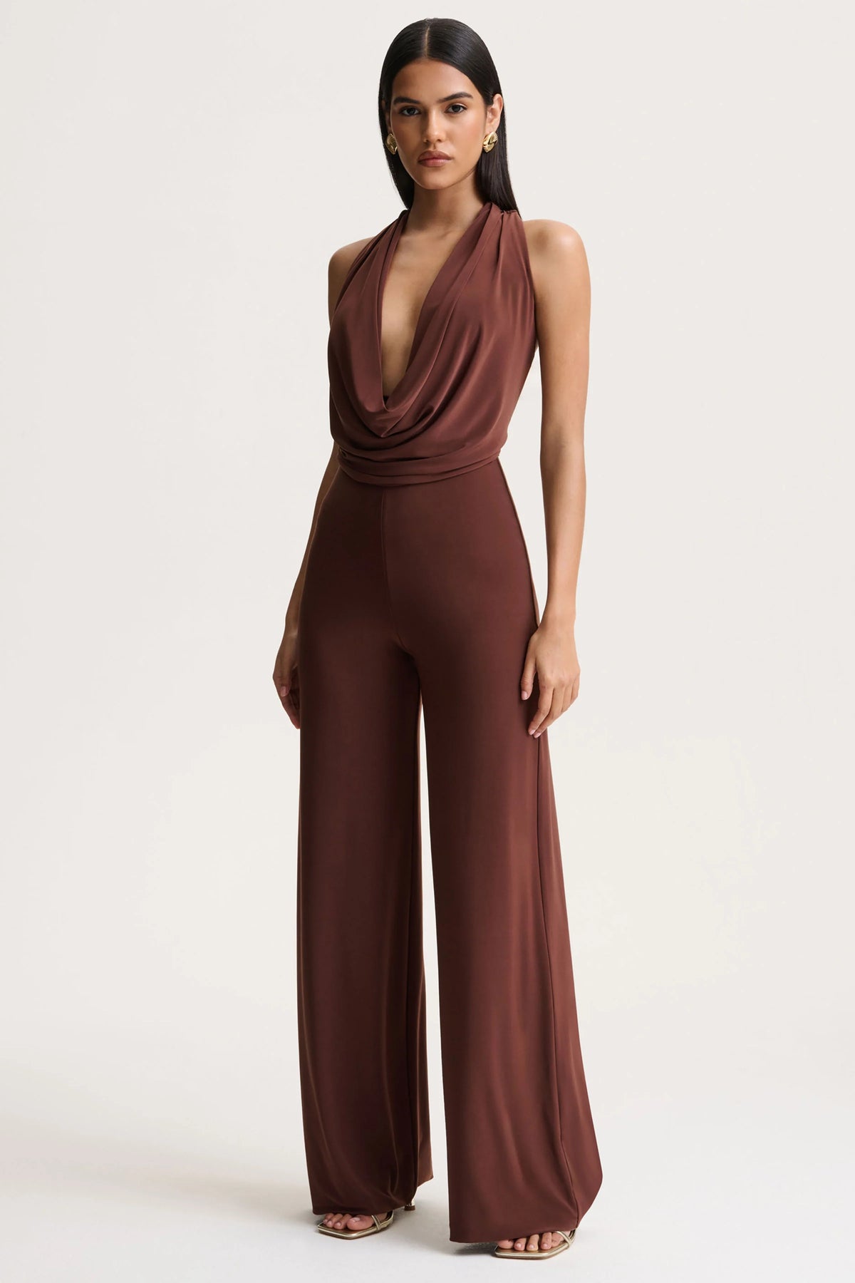Clemence | Brown Plunge-Neck Jumpsuit