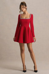 Astonish | Red Long-Sleeve Embellished Square-Neck Mini Dress With Volume Skirt