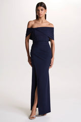 Eva | Navy Bardot Bow Detail Maxi Dress With Thigh Split
