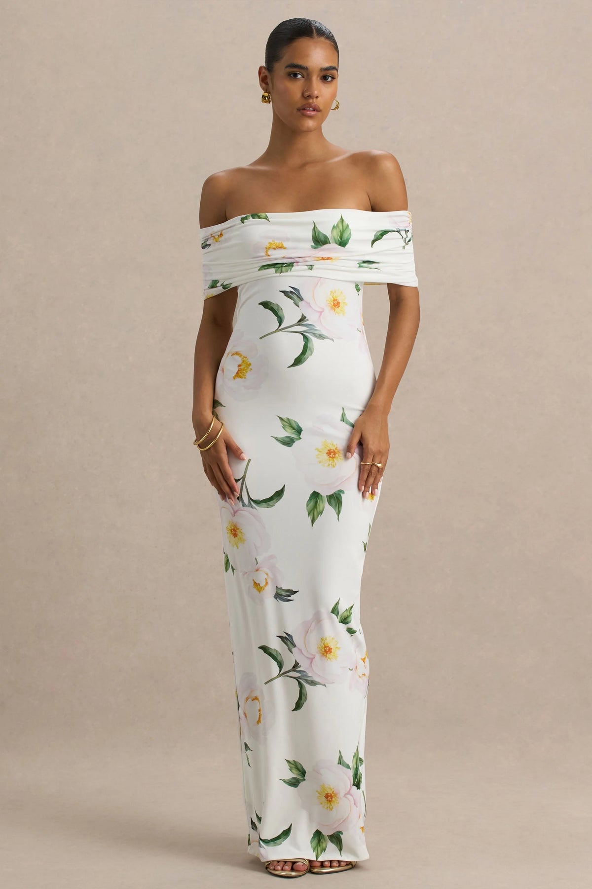 Capri | White Rose Print Bardot-Neck Maxi Dress With Ruched Detailing