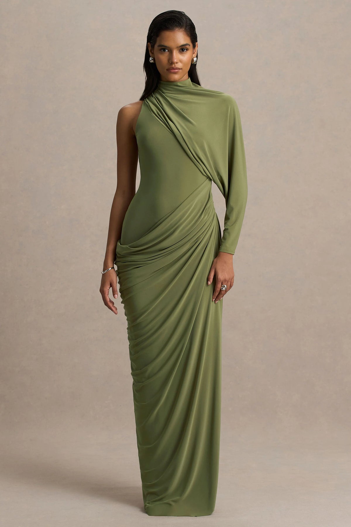 Aphra | Green High-Neck Maxi Dress With Cape-Sleeve