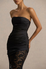 Dulcie | Black Lace And Satin Bandeau Midaxi Dress With Wrap-Details