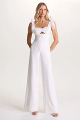 Claudelle | White Flared-Leg Jumpsuit With Organza Bow Straps