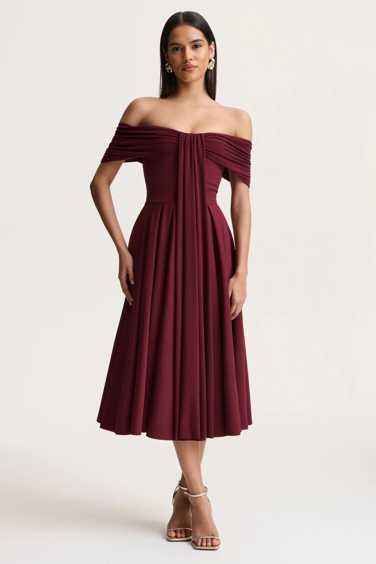 Dearest | Burgundy Bardot-Neck Midi Dress
