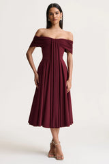 Dearest | Burgundy Bardot-Neck Midi Dress