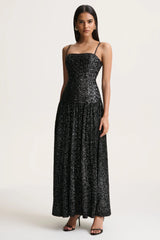 Allora | Black Sequin Square-Neck Maxi Dress With Pleated Skirt