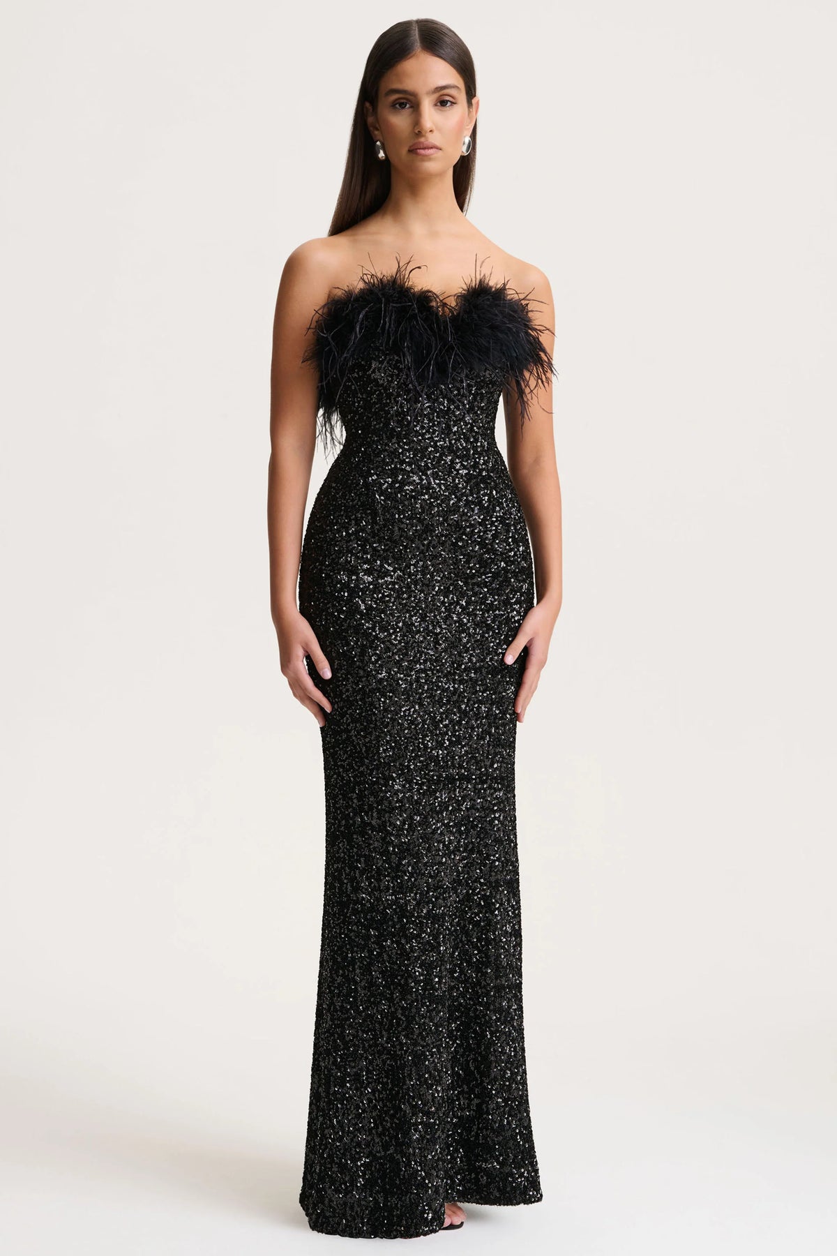 Daze | Black Sequin Bandeau Maxi Dress With Feather-Trim
