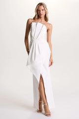 Dreamy Whispers | Cream Strapless Ruffle Split Maxi Dress