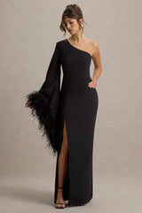 Armina | Black One-Shoulder Feather-Trim Maxi Dress
