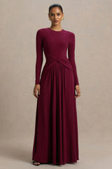 Estrella | Berry High-Neck Maxi Dress With Ruched Detailing