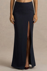 Elana | Navy Pinstripe Maxi Skirt With Front-High Split
