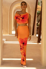 Clara | Orange And Red Placement Floral Print Maxi Skirt