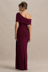 Dynasty | Burgundy Asymmetric-Neck Maxi Dress With Ruched Detailing And Front High-Split