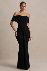 Envisioned | Black Bardot-Neck Maxi Dress With Gathered And Drape Detail