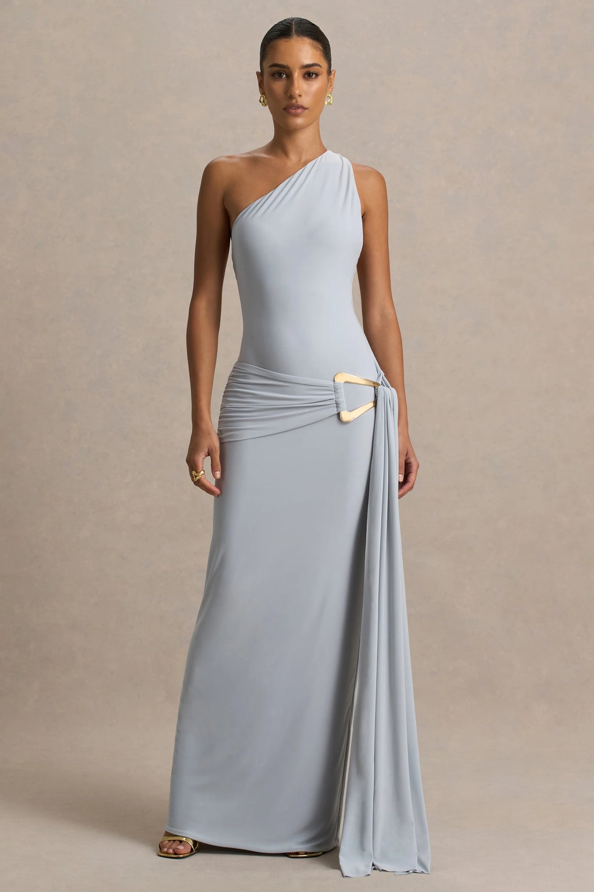 Bonnie | Blue Asymmetric-Neck Maxi Dress With Open-Back