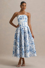 Alaina | Blue Porcelain Print Bandeau Midi Dress With Volume Skirt