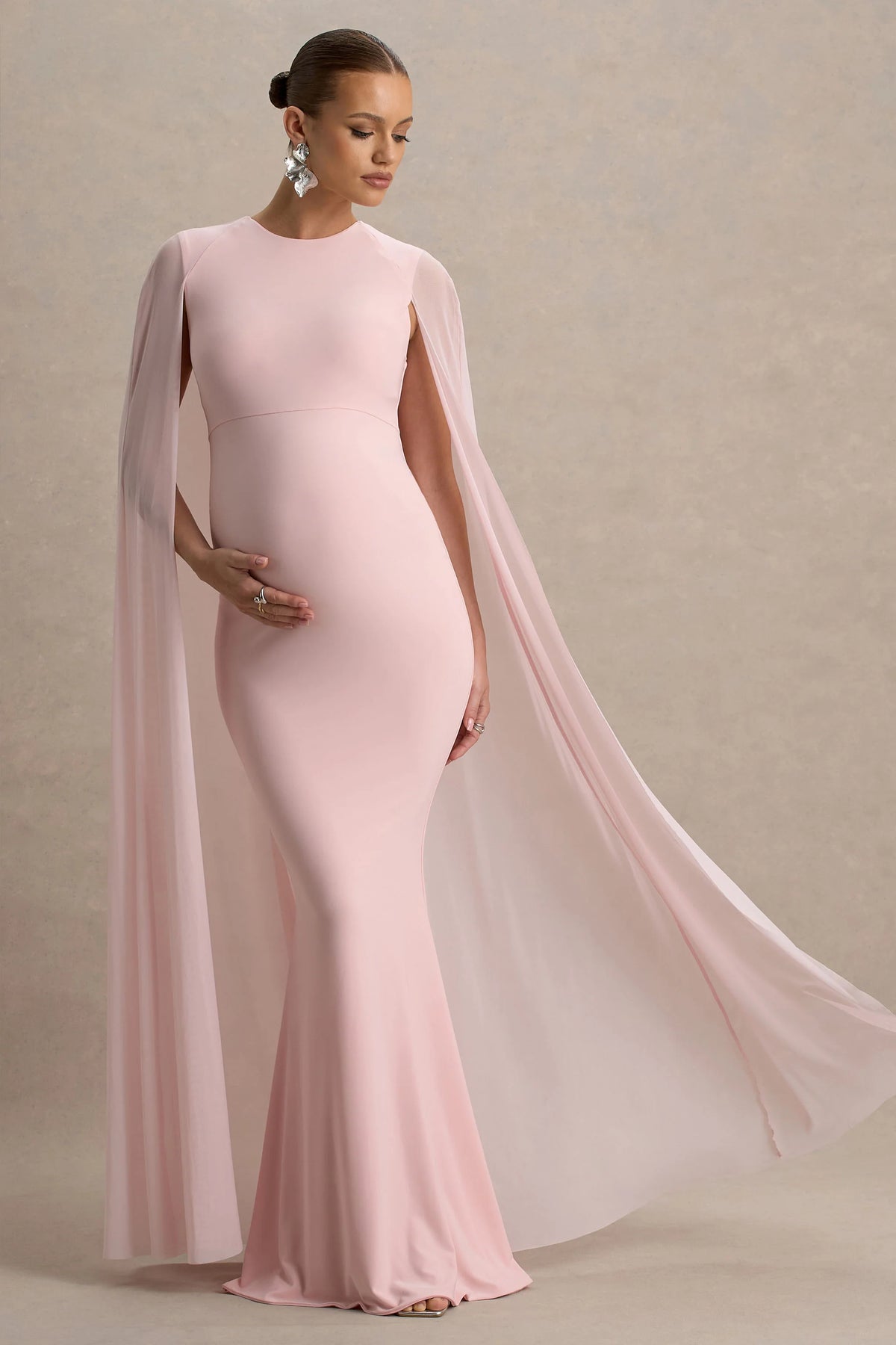 Currant | Pink Crew-Neck Maternity Maxi Dress With Cape