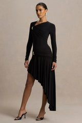 Alexia | Black Asymmetric-Neck Maxi Dress With Gold-Details