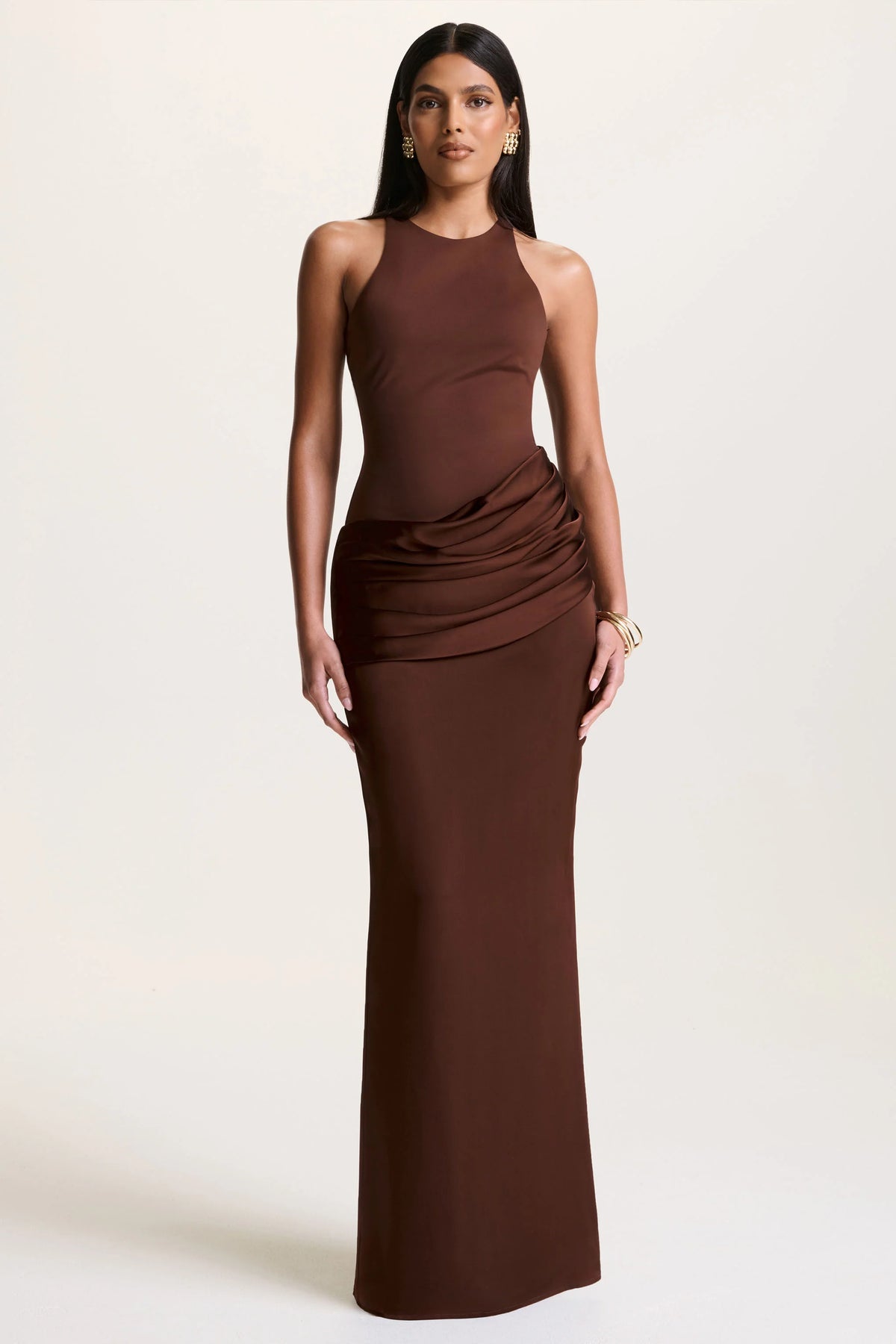 Akari | Brown Crew-Neck Maxi Dress With Satin Skirt