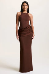 Akari | Brown Crew-Neck Maxi Dress With Satin Skirt