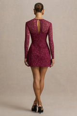 Bijou | Burgundy Square-Neck Lace Long-Sleeve Mini Dress
