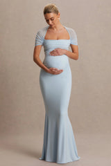 Dome | Powder Blue Square-Neck Mesh-Sleeve Maternity Maxi Dress