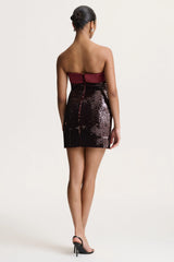 Casandra | Burgundy Sequin Bandeau Mini Dress With Satin Trim