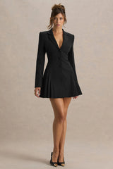 Blossoming | Black Plunge-Neck Tailored Mini Dress With Pleating