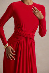 Estrella | Red High-Neck Maxi Dress With Ruched Detailing