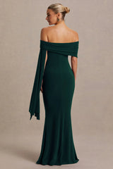 Aquila | Bottle Green Bardot Maternity Maxi Dress With Draped Detail