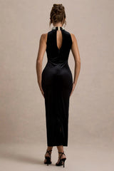 Audrine | Black Velvet Embellished High-Neck Maxi Dress