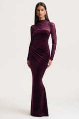 Cambria | Plum Velvet High-Neck Maxi Dress With Draped-Detailing