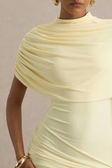 Farrah | Pale Lemon High-Neck Draped Mini Dress With Sash