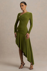 Alexia | Green Asymmetric-Neck Maxi Dress With Gold-Details