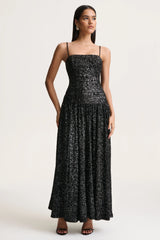 Allora | Black Sequin Square-Neck Maxi Dress With Pleated Skirt