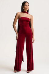 Arcane | Burgundy Velvet Bandeau Jumpsuit With Scarf