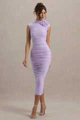 Bridget | Lilac High-Neck Gathered Midi Dress With Floral Detail