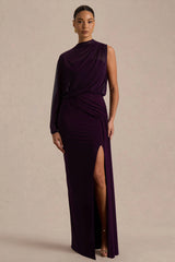 Aurelia | Dark Plum High-Neck Wrapped Maxi Dress With One-Cape Sleeve