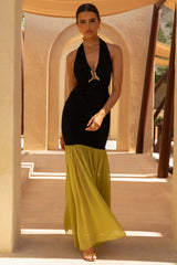 Edda | Black And Olive Plunge-Neck Maxi Dress With Open-Back